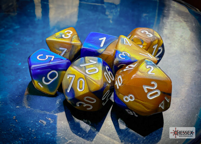 Load image into Gallery viewer, Chessex Gemini Blue-Gold/white Polyhedral 7-Dice Set