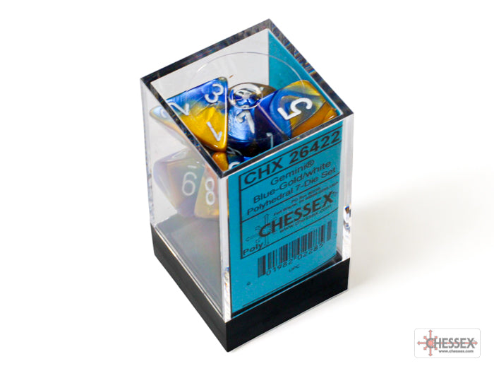 Load image into Gallery viewer, Chessex Gemini Blue-Gold/white Polyhedral 7-Dice Set
