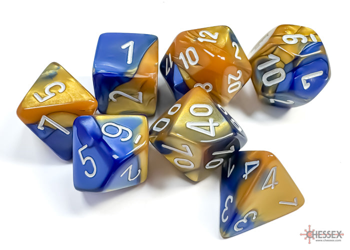 Load image into Gallery viewer, Chessex Gemini Blue-Gold/white Polyhedral 7-Dice Set