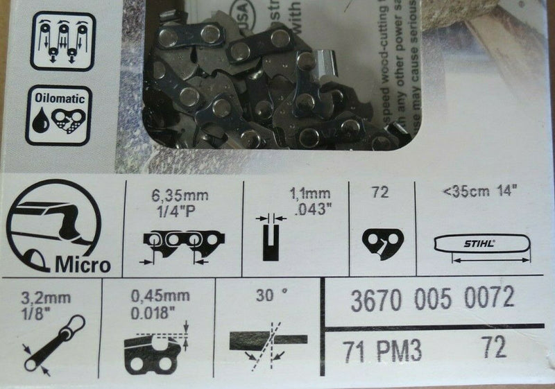 Load image into Gallery viewer, STIHL 14" OILOMATIC PICCO Micro 3 Chain 1/4" Pitch, .043" Gauge, 72 Links 71PM3 72
