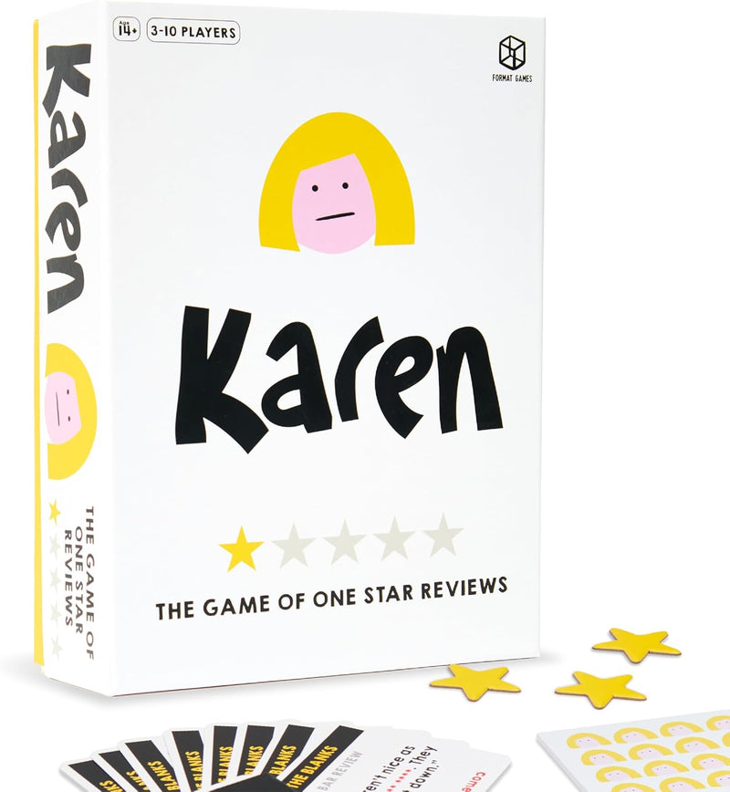 Load image into Gallery viewer, Karen Party Game - Hilarious Fake Complaints vs. Real One-Star Reviews! Fun Bluffing Game for Game Night, Ages 14+, 3-10 Players, 45-90 Minute Playtime, Made by Format Games
