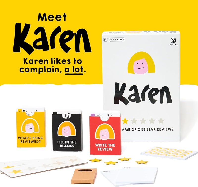 Load image into Gallery viewer, Karen Party Game - Hilarious Fake Complaints vs. Real One-Star Reviews! Fun Bluffing Game for Game Night, Ages 14+, 3-10 Players, 45-90 Minute Playtime, Made by Format Games