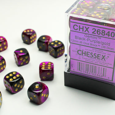 Chessex Gemini Black-Purple/Gold 12mm d6 Dice Block (36 dice)