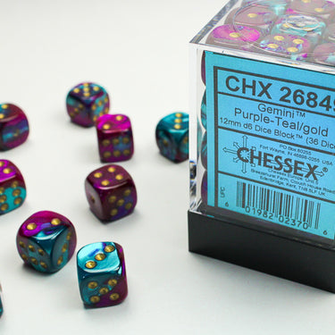 Chessex Dice: Gemini 5 - 12mm D6 Purple Teal/Gold (36)