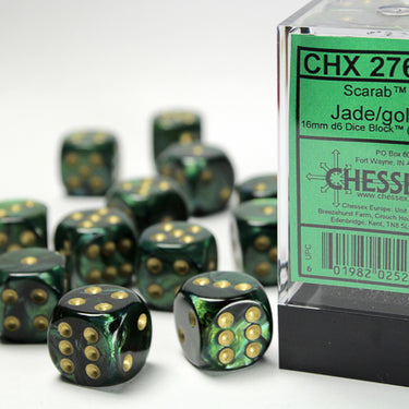 Chessex Dice: Scarab Jade/gold 16mm d6 Dice Block (12 dice)
