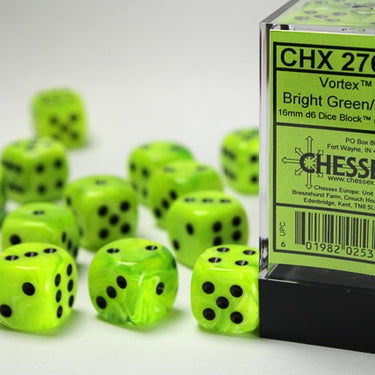 Chessex Vortex Bright Green/black 16mm d6 Dice Block (12 dice)