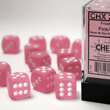Chessex Frosted Pink/white 16mm d6 Dice Block (12 dice)