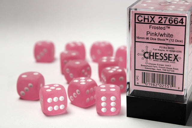 Chessex Frosted Pink/white 16mm d6 Dice Block (12 dice)