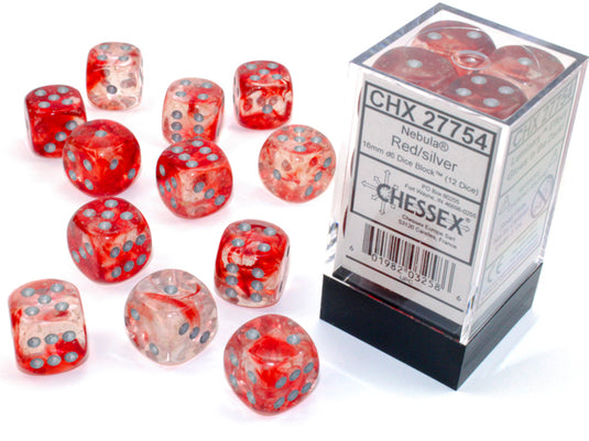 Chessex Nebula Red/silver Luminary 16mm d6 Dice Block (12 dice)