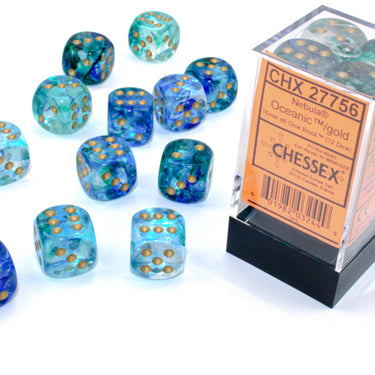 Chessex Nebula Oceanic/Gold Luminary 16mm d6 Dice Block (12 dice)