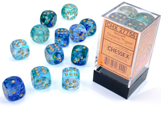 Load image into Gallery viewer, Chessex Nebula Oceanic/gold Luminary 16mm d6 Dice Block (12 dice)
