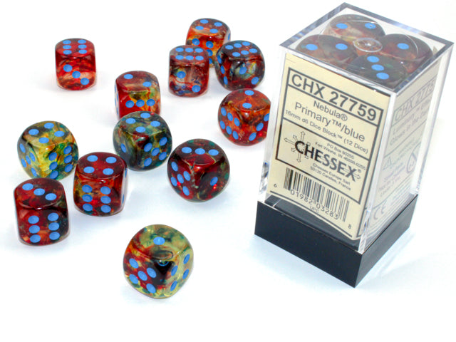 Load image into Gallery viewer, Chessex Nebula Primary/blue Luminary 16mm d6 Dice Block (12 dice)
