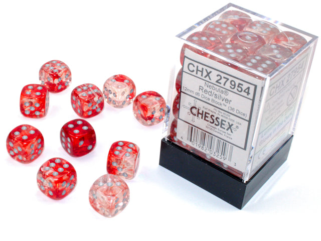 Chessex Nebula Red/silver Luminary 12mm d6 Dice Block (36 dice)