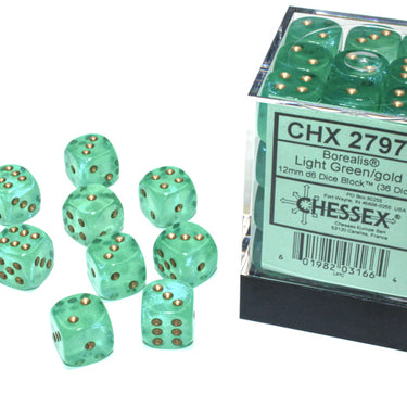 Chessex Borealis Light Green/Gold Luminary 12mm d6 Dice Block (36d6)