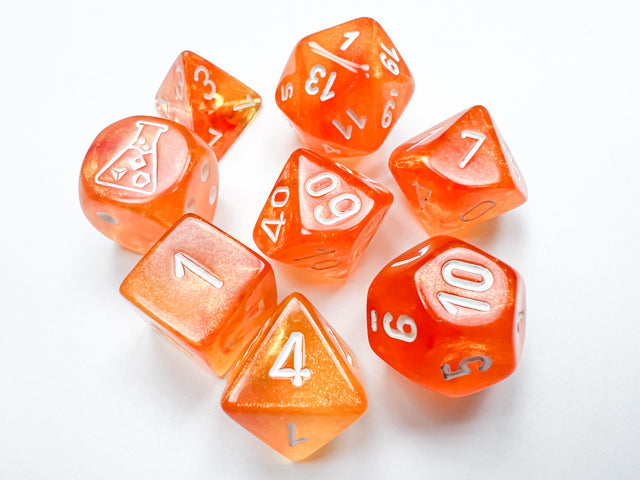 Chessex Borealis Blood Orange/white Luminary Polyhedral 7-Dice Set (with bonus die)