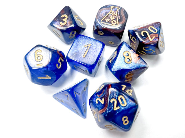 Load image into Gallery viewer, Chessex Lustrous Azurite/gold Polyhedral 7-Dice Set (with bonus die)
