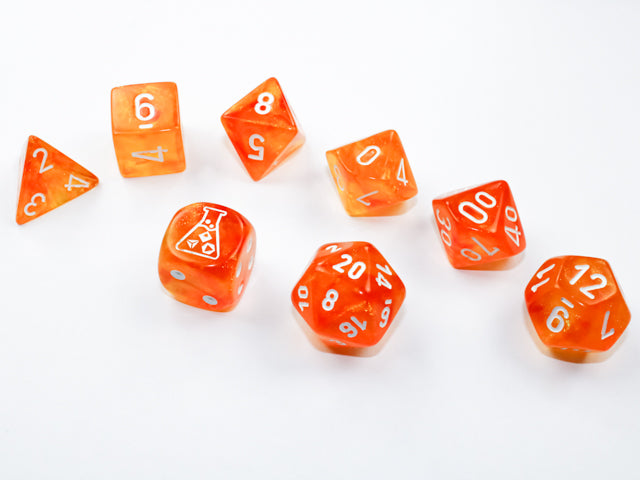 Load image into Gallery viewer, Chessex Borealis Blood Orange/white Luminary Polyhedral 7-Dice Set (with bonus die)
