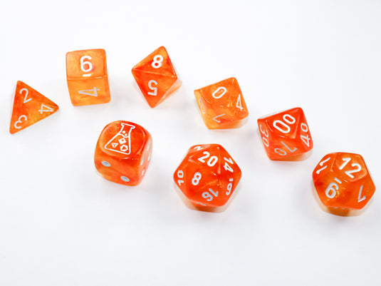 Chessex Borealis Blood Orange/white Luminary Polyhedral 7-Dice Set (with bonus die)