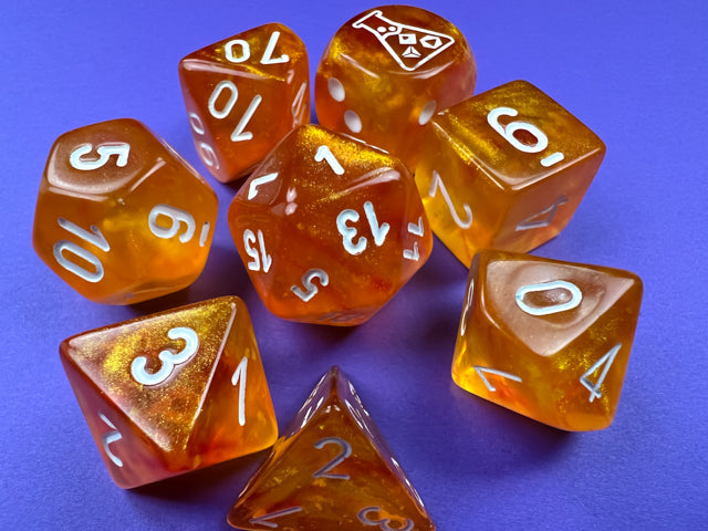 Load image into Gallery viewer, Chessex Borealis Blood Orange/white Luminary Polyhedral 7-Dice Set (with bonus die)
