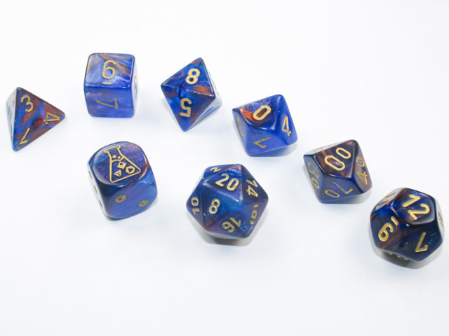 Load image into Gallery viewer, Chessex Lustrous Azurite/gold Polyhedral 7-Dice Set (with bonus die)
