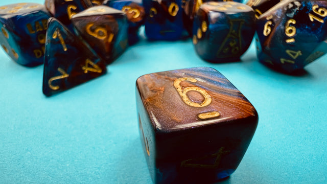 Load image into Gallery viewer, Chessex Lustrous Azurite/gold Polyhedral 7-Dice Set (with bonus die)
