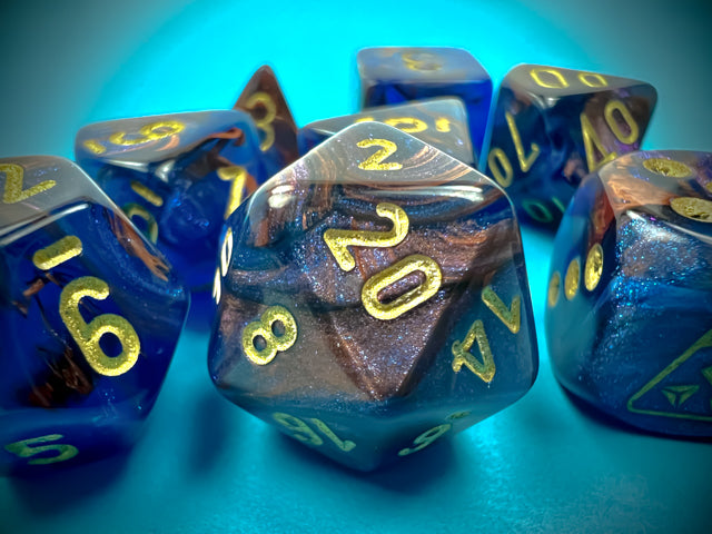 Load image into Gallery viewer, Chessex Lustrous Azurite/gold Polyhedral 7-Dice Set (with bonus die)
