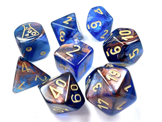 Load image into Gallery viewer, Chessex Lustrous Azurite/gold Polyhedral 7-Dice Set (with bonus die)
