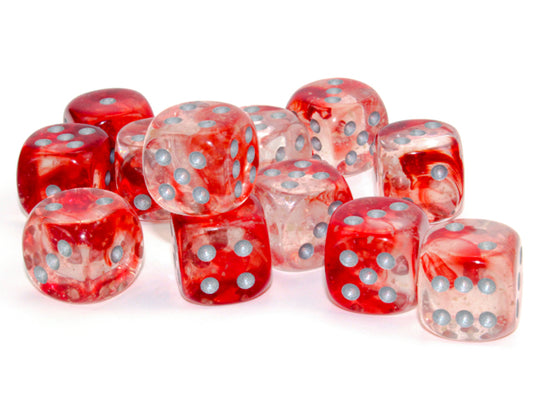 Chessex Nebula Red/silver Luminary 16mm d6 Dice Block (12 dice)