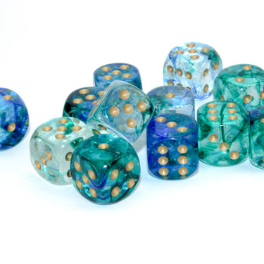 Chessex Nebula Oceanic/Gold Luminary 16mm d6 Dice Block (12 dice)