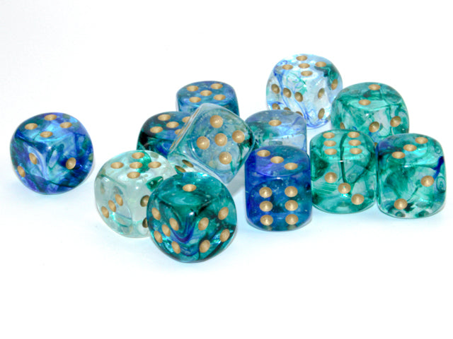 Load image into Gallery viewer, Chessex Nebula Oceanic/gold Luminary 16mm d6 Dice Block (12 dice)
