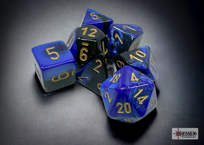 Load image into Gallery viewer, Chessex Gemini Black-Blue/gold Polyhedral 7-Dice Set
