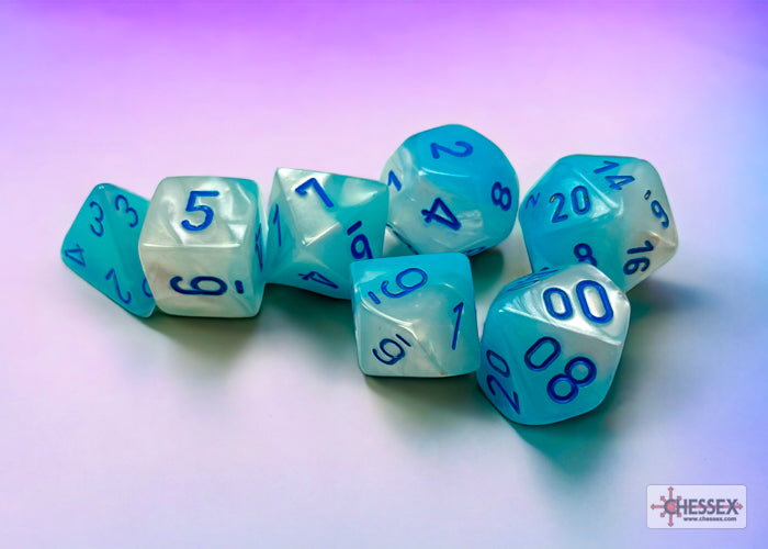 Load image into Gallery viewer, Chessex Gemini Pearl Turquoise-White/blue Luminary Polyhedral 7-Dice Set
