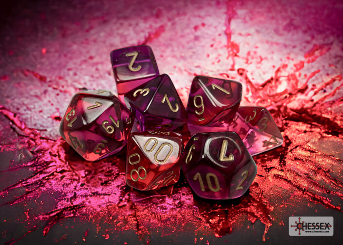 Load image into Gallery viewer, Chessex Gemini Translucent Red-Violet/gold Polyhedral 7-Dice Set
