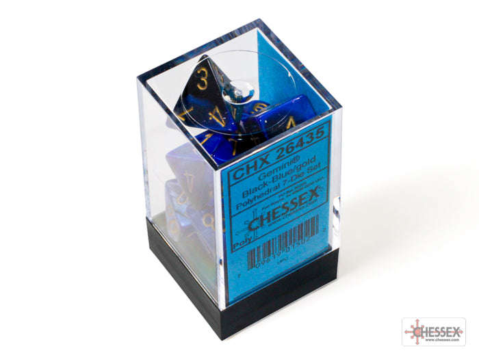 Load image into Gallery viewer, Chessex Gemini Black-Blue/gold Polyhedral 7-Dice Set
