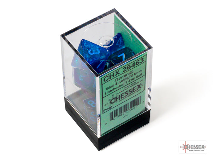 Load image into Gallery viewer, Chessex Gemini Blue-Blue/light blue Luminary Polyhedral 7-Dice Set
