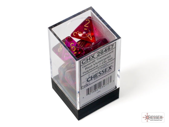 Load image into Gallery viewer, Chessex Gemini Translucent Red-Violet/gold Polyhedral 7-Dice Set
