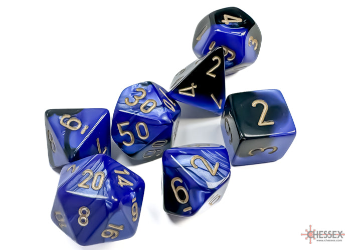 Load image into Gallery viewer, Chessex Gemini Black-Blue/gold Polyhedral 7-Dice Set
