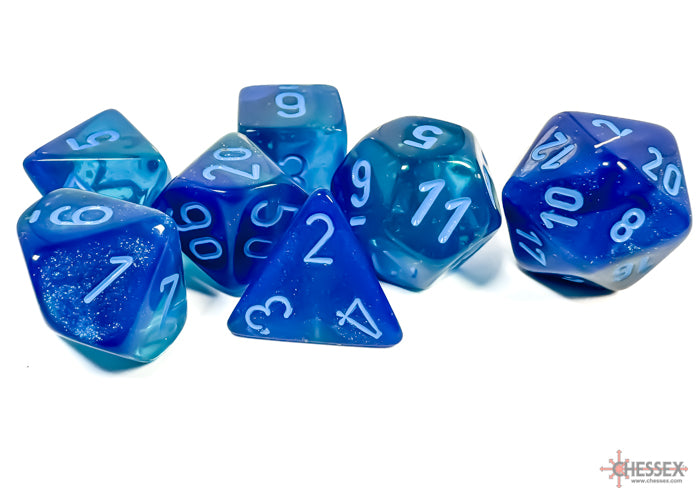 Load image into Gallery viewer, Chessex Gemini Blue-Blue/light blue Luminary Polyhedral 7-Dice Set
