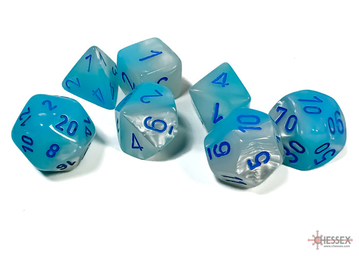 Load image into Gallery viewer, Chessex Gemini Pearl Turquoise-White/blue Luminary Polyhedral 7-Dice Set
