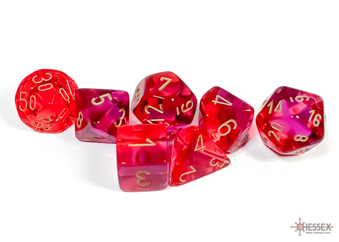 Load image into Gallery viewer, Chessex Gemini Translucent Red-Violet/gold Polyhedral 7-Dice Set
