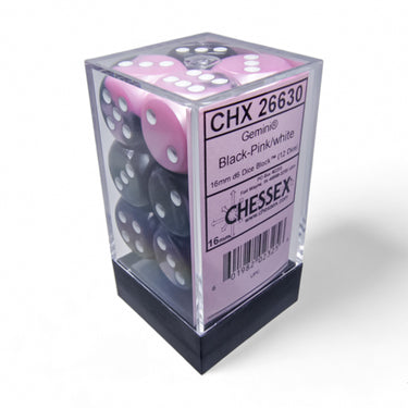 Chessex Gemini Black-Pink/White 16mm d6 Dice Block (12 dice)