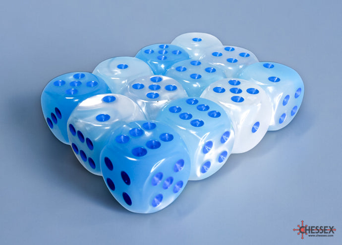 Chessex Gemini Pearl Turquoise-White/blue Luminary 16mm d6 Dice Block (12 dice)