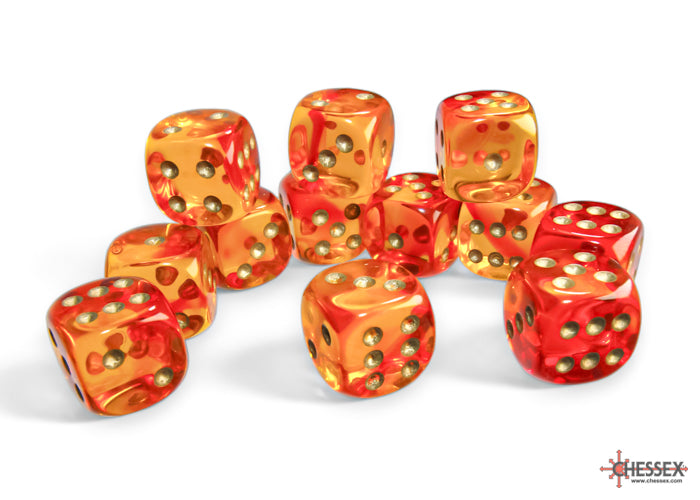 Load image into Gallery viewer, Chessex Gemini Translucent Red-Yellow/gold 16mm d6 Dice Block (12 dice)
