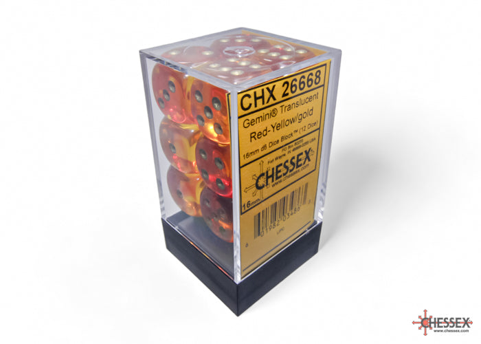 Load image into Gallery viewer, Chessex Gemini Translucent Red-Yellow/gold 16mm d6 Dice Block (12 dice)
