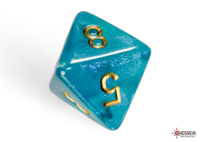 Load image into Gallery viewer, Chessex Borealis Teal/gold Luminary Polyhedral 7-Dice Set
