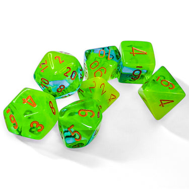Chessex Dice: Gemini Plasma Green-Teal/orange Luminary Polyhedral 7-Dice Set