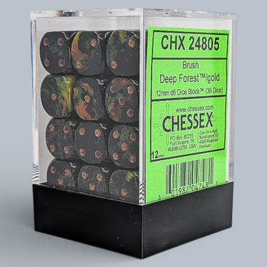 Chessex Brush Deep Forest/Gold 12mm d6 Dice Block (36 dice)