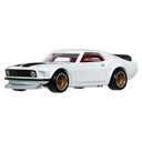 White 1969 Ford Mustang Boss 302 die-cast car with black stripes, front three-quarter view
