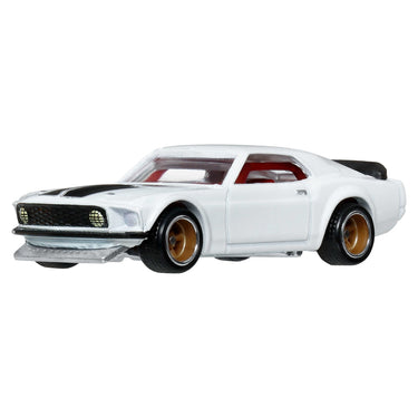 White 1969 Ford Mustang Boss 302 die-cast car with black stripes, front three-quarter view