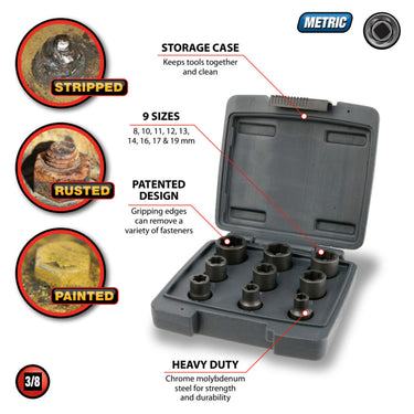 Performance Tool 9 pc. 3/8" Dr. Metric Bolt Extractor Set